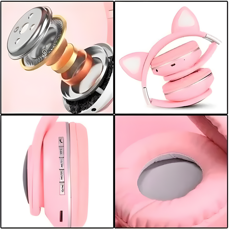 Fone Bluetooth Orelha de Gato Led Rosa