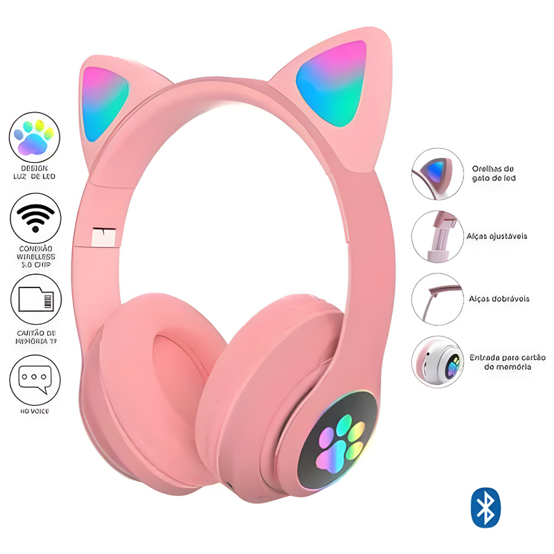 Fone Bluetooth Orelha de Gato Led Rosa