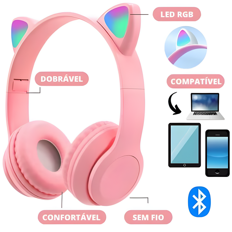 Fone Bluetooth Orelha de Gato Led Rosa